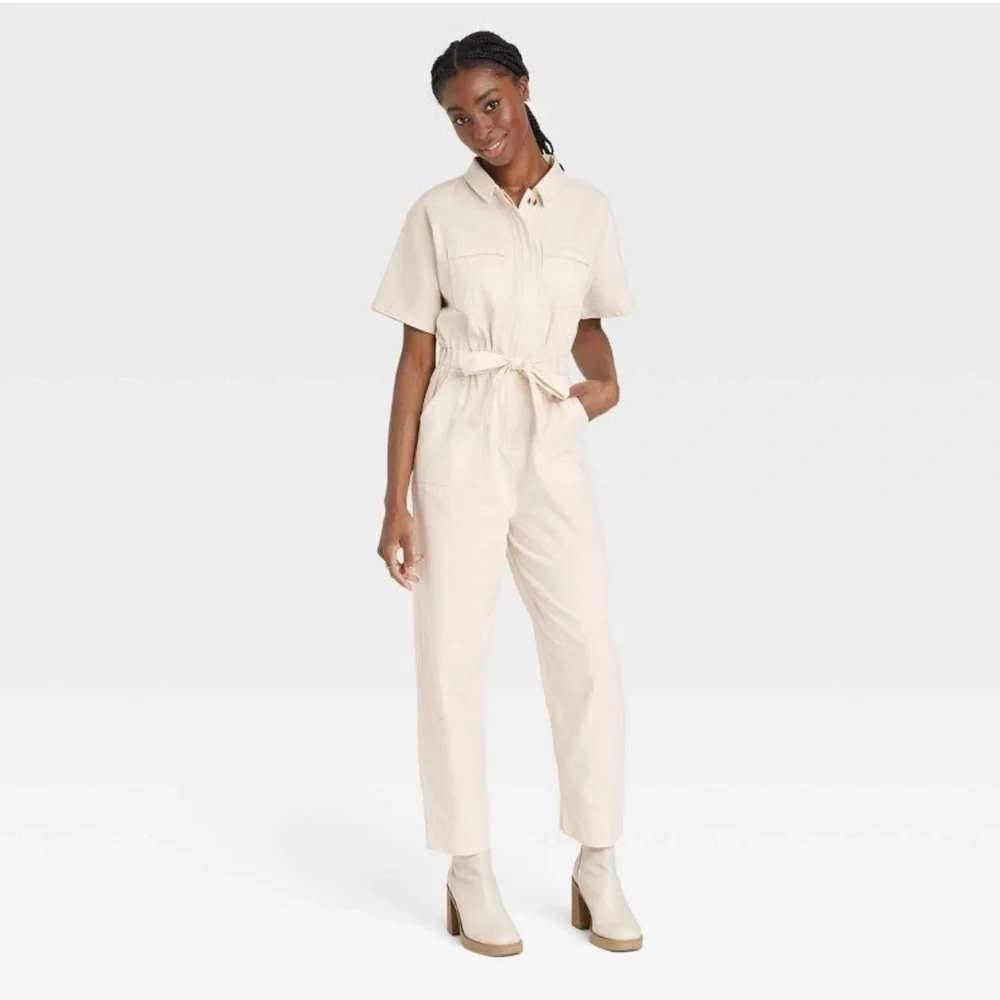 Universal Thread Cotton Utility Carpenter Jumpsuit 8 Short Sleeve Belted Cream